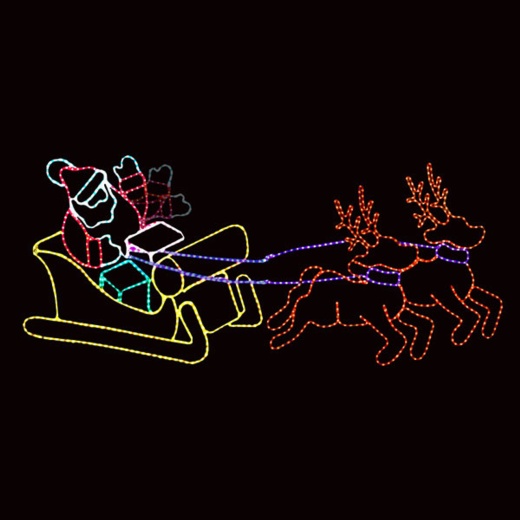 LED Rope Light Waving Santa Reindeer And Sleigh Motif - Animated Lighted Silhouette - Multi-Color - 96 Inch