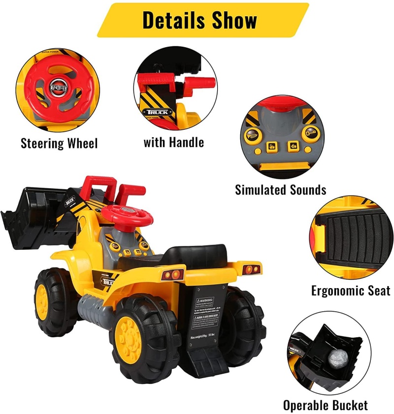 Kids Toddlers Ride-On Bulldozer Toy With Simulated Sounds Boys Construction Truck Vehicle With Bucket, Steering Wheel, Helmet, Rocks