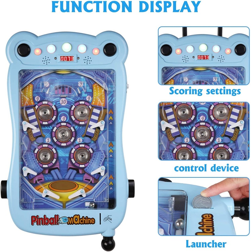 (Out Of Stock) Pinball Machine For Kids Portable Tabletop Game With Scorer And Lights And Sounds Parent-Child Interactive Game Pinball Toys, Blue