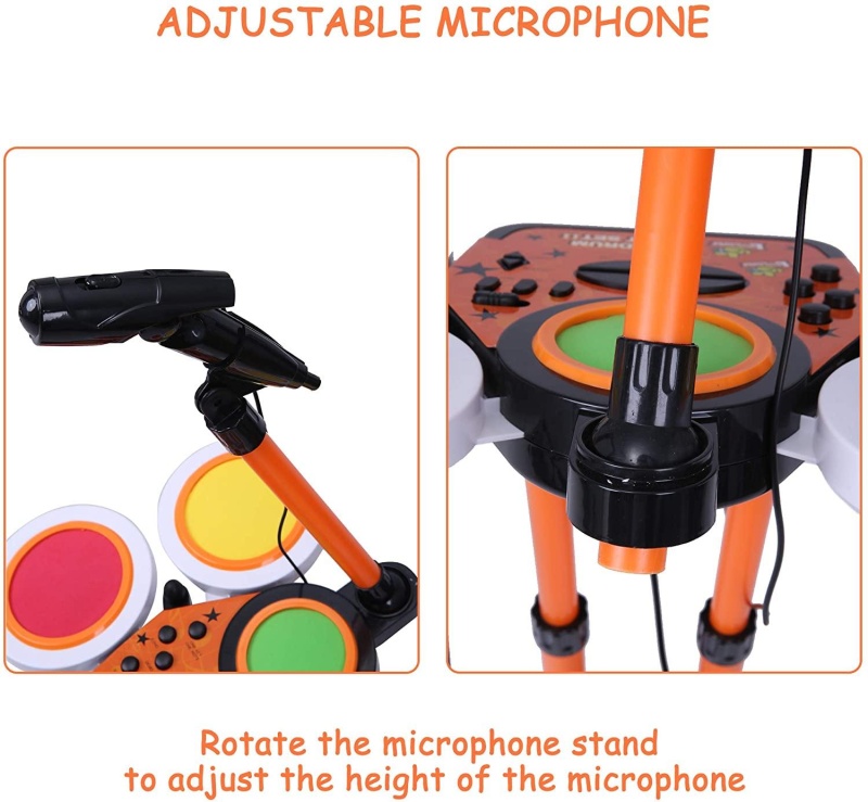 Kids Electronic Toy Drum Set With 1 Stool, Adjustable Microphone And Drum Sticks, For 3+ Years Old