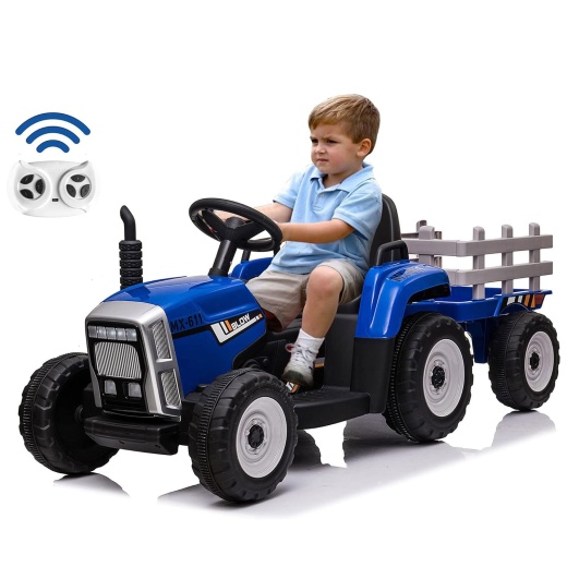 12V Kids Electric Tractor Battery Powered Ride On Toy With Detachable Large Trailer, Blue