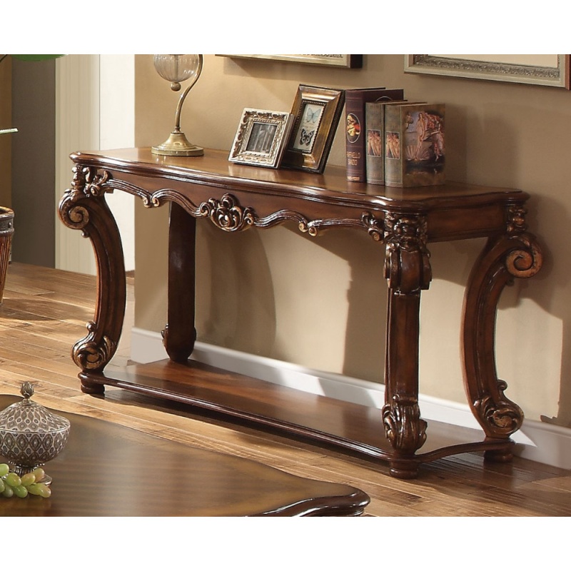 Rectangular Sofa Table With Scrolled Leg and Bottom Shelf