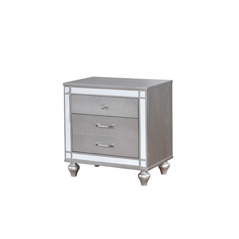 Three Drawer Solid Wood Nightstand With Mirror Accent Trim Front, Silver