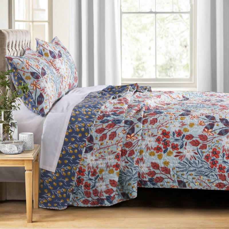 Full Size 3 Piece Polyester Quilt Set With Floral Prints, Multicolor