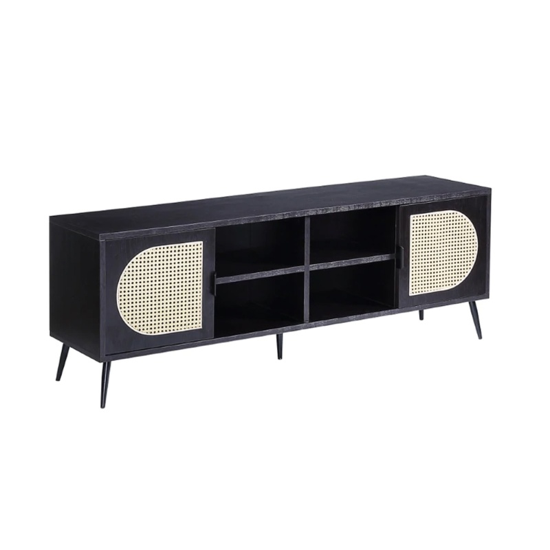60 Inch Tv Entertainment Center, Rattan Front 2 Cabinet, Metal Legs, Black