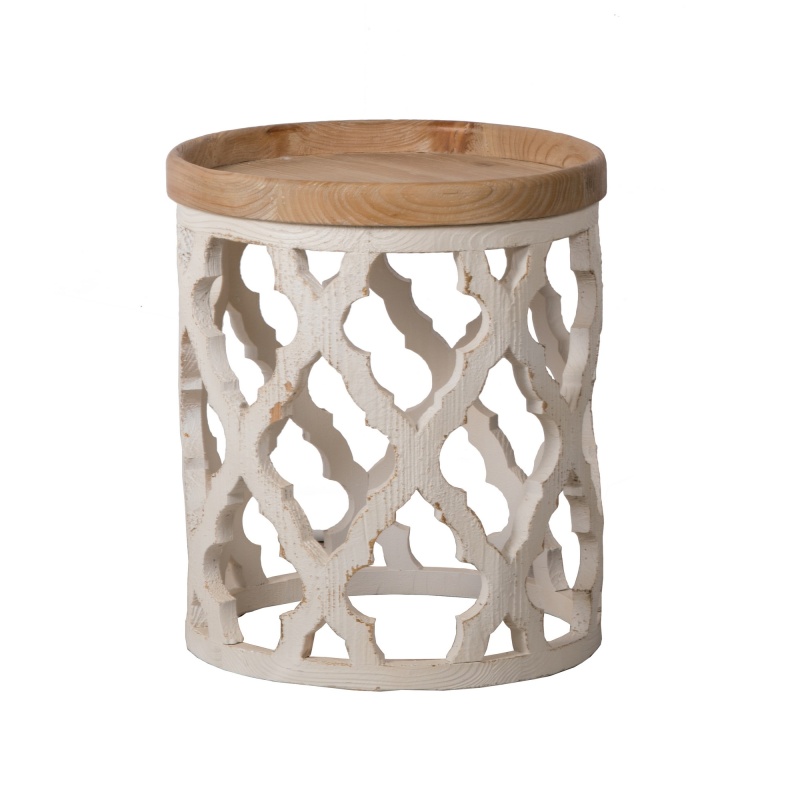 23 Inch Side Table, Vintage Wood Cutout Design, Round Top, Brown, Cream