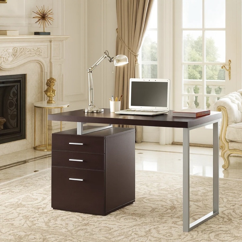 Contemporary Style Office Desk With File Drawer, Brown