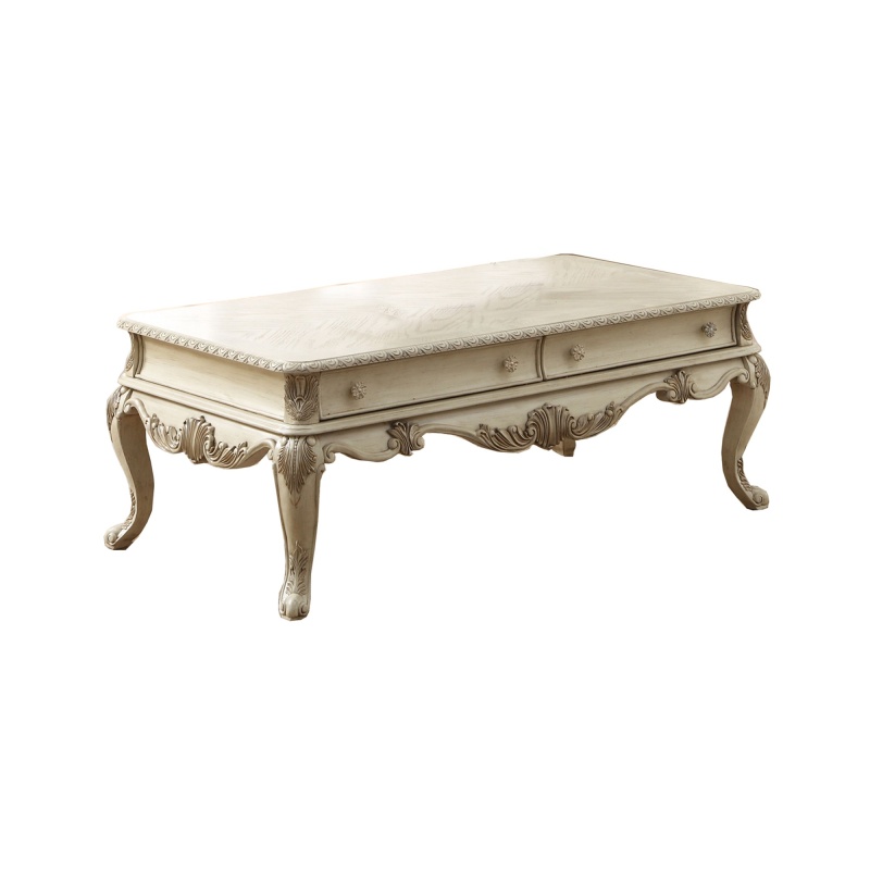 Vintage Style Wooden Coffee Table With Cabriole Legs And Two Broad Drawers, White