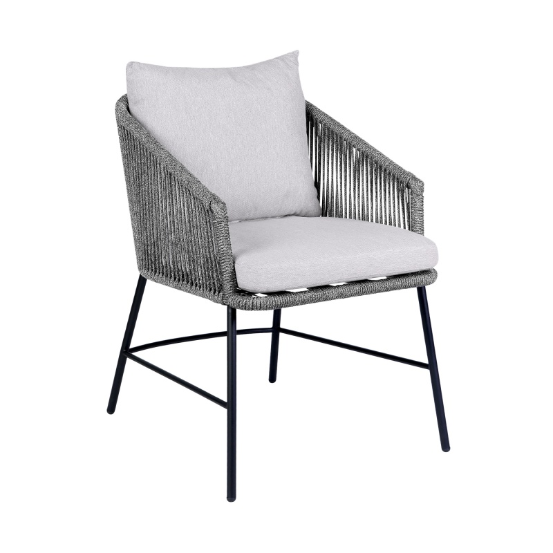 25 Inch Patio Dining Chair, Matte Black Steel Frame, Gray Rope Woven Seat