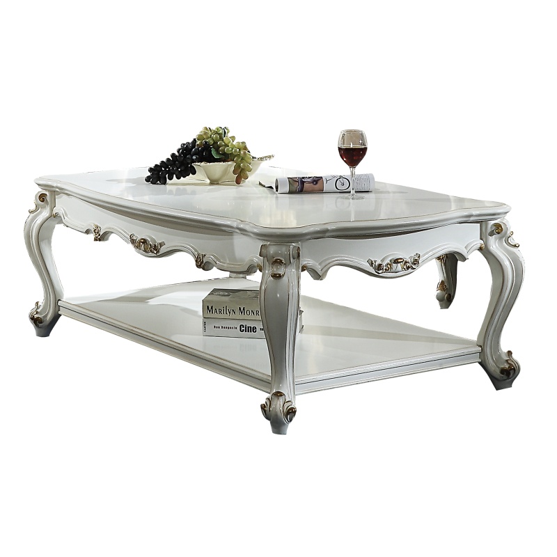 Traditional Style Wooden Coffee Table with Bottom Shelf, White