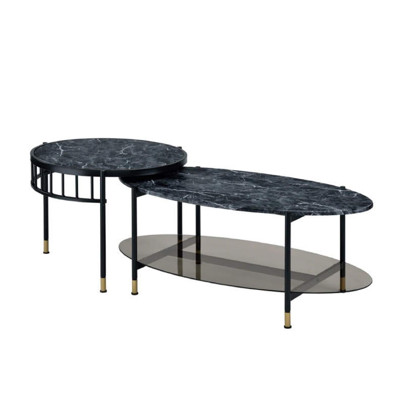 40 Inch 2 Piece Nesting Coffee Table, Faux Marble Top, Glass Shelf, Black