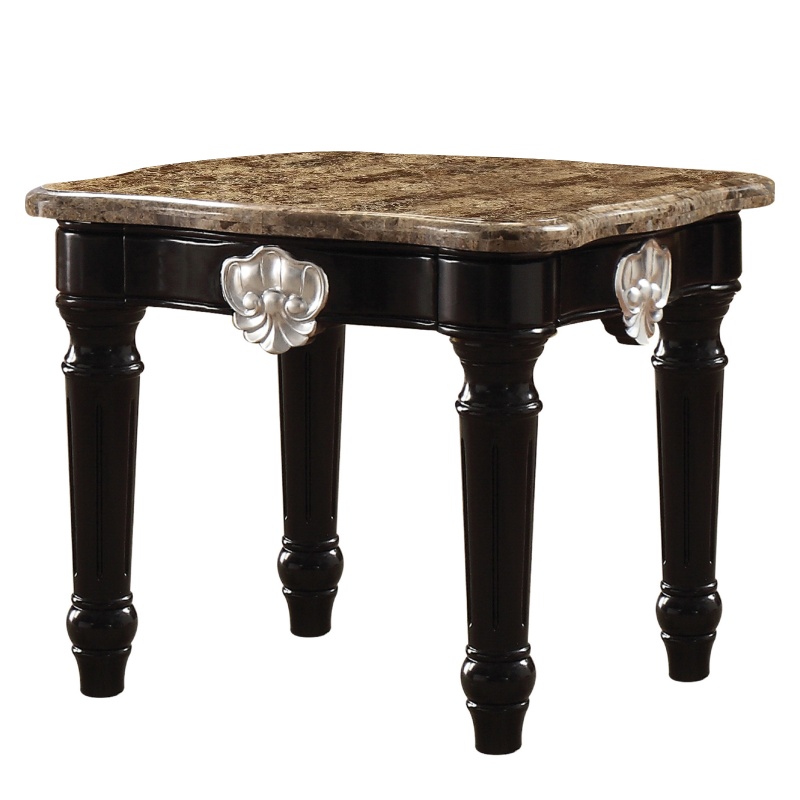 Marble Top End Table with Turned Wood Legs, Black