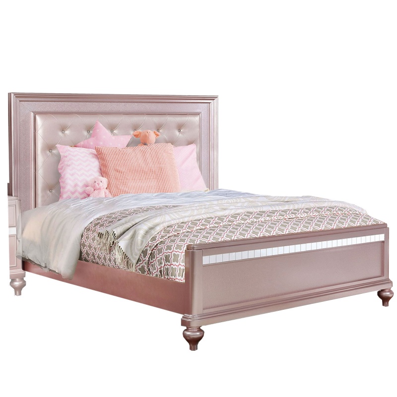Button Tufted Full Size Bed With Leatherette Headboard, Rose Gold