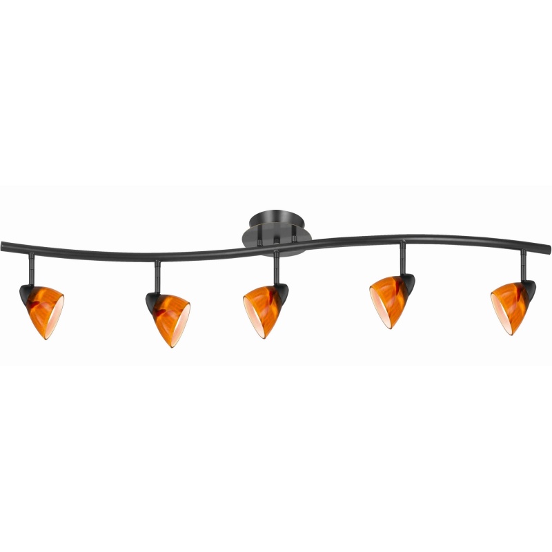 5 Light 120V Metal Track Light Fixture With Glass Shade, Black And Orange
