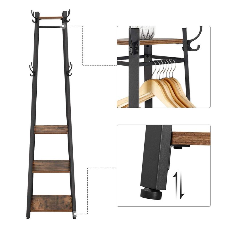 Metal Framed Ladder Style Coat Rack With Three Wooden Shelves, Brown