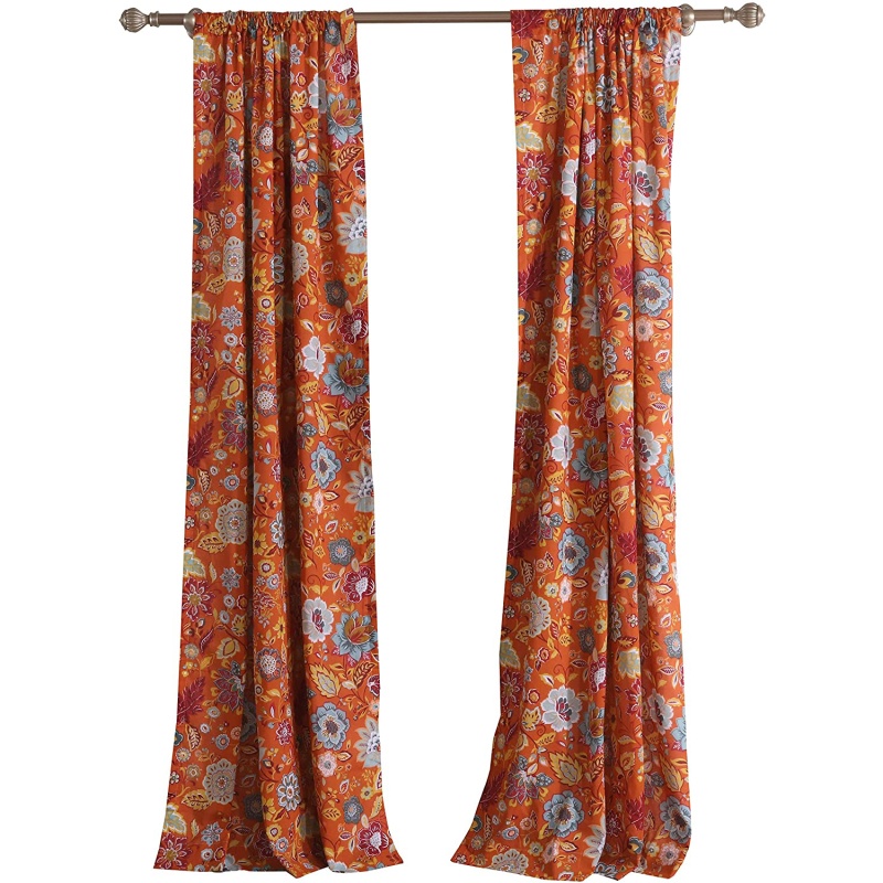 Paris 4 Piece Floral Print Fabric Curtain Panel With Ties, Orange