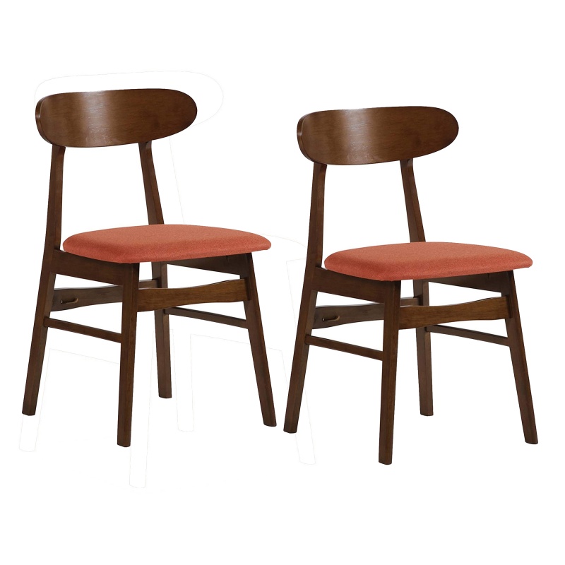 Bev 20 Inch Set Of 2 Dining Chairs, Orange Cushions, Dark Brown Rubberwood