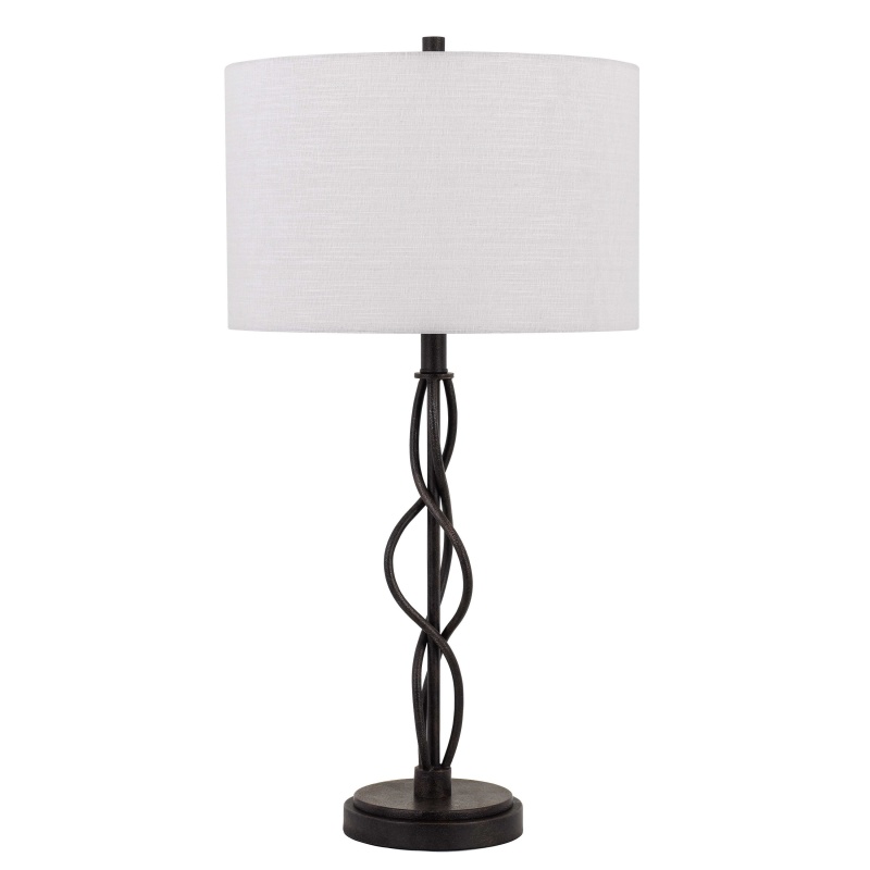 Round Fabric Shade Table Lamp, Metal Spiral Base, White, Textured Bronze