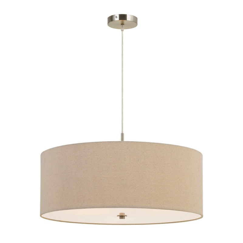 60W X 3 Drum Shade Pendant Fixture, Beige And Silver