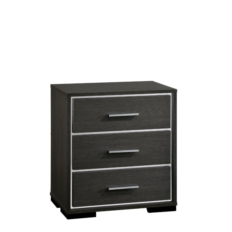 Contemporary Style Three Drawers Wooden Nightstand With Bar Handles, Dark Gray