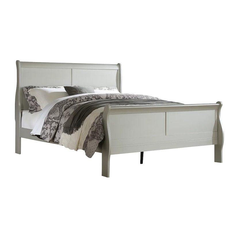 Sleigh Design Eastern King Bed With Rectangular Thin Legs, Silver