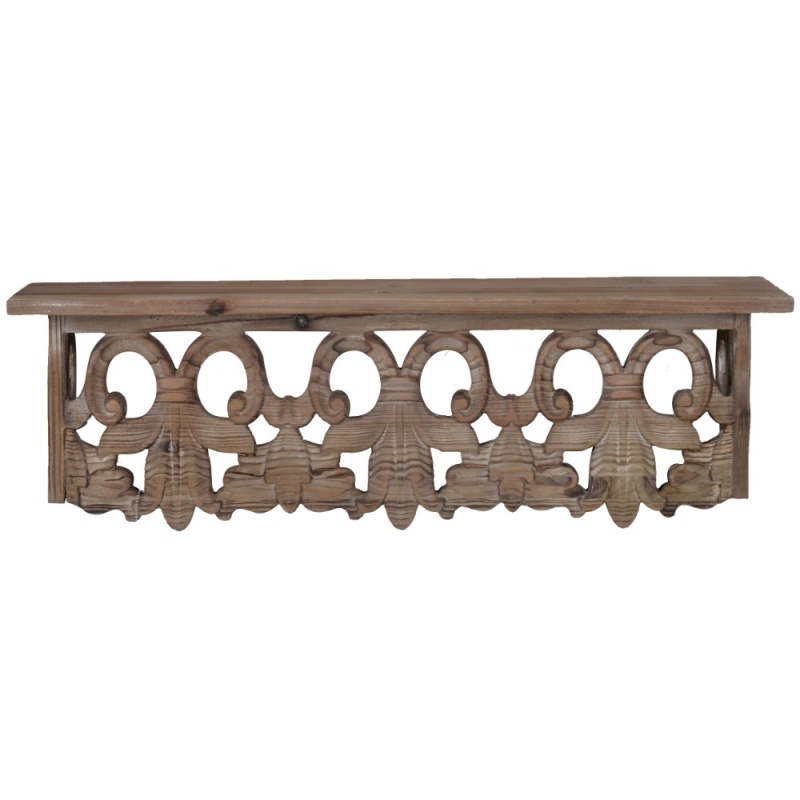 23.5 Inches Wooden Wall Shelf With Scrollwork, Small, Brown