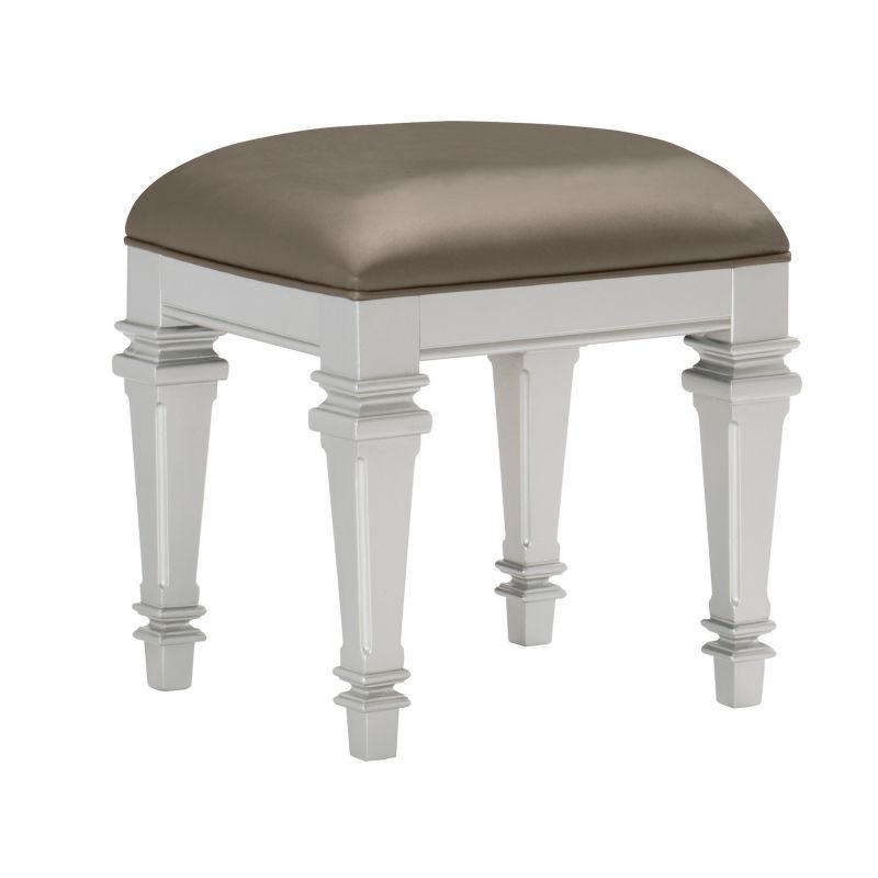 Leatherette Padded Vanity Stool With Tapered Legs And Molded Detail, Silver