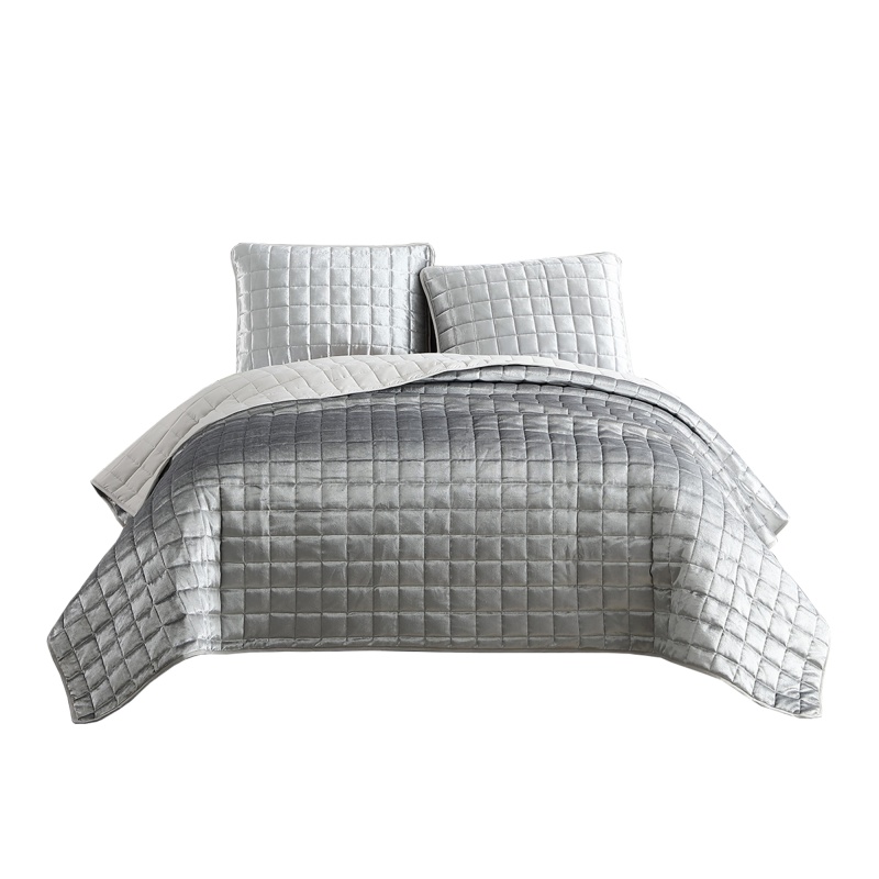 3 Piece King Size Coverlet Set With Stitched Square Pattern, Silver