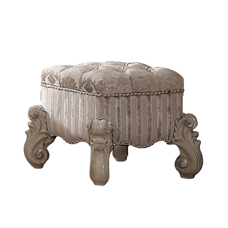 Bone White Tufted Fabric Vanity Stool with Scrolled Legs