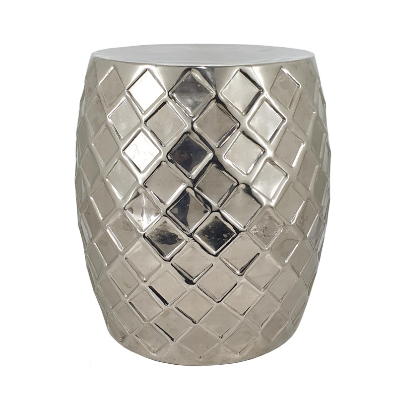20 Inch Stool Table, Modern, Aluminum Metal, Drum Shape, Elegant Silver