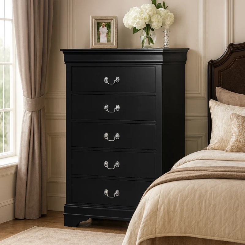 48 Inch Wood Tall Dresser Chest, Metal Drop Handles, Black
