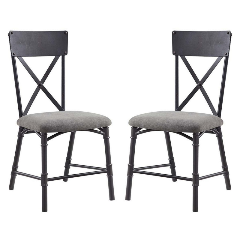 21 Inch Metal Dining Side Chair, Fabric Seat, X Back, Set Of 2, Gray