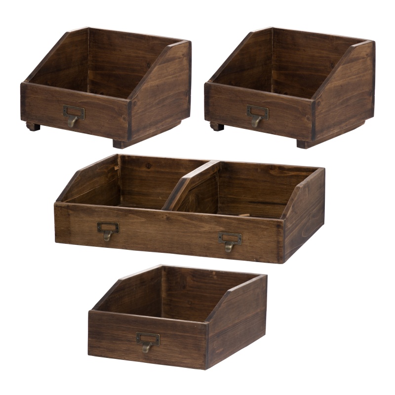 19, 13, 10 Inch Fir Wood Box, Set Of 4 With Metal Handles, Antique Brown