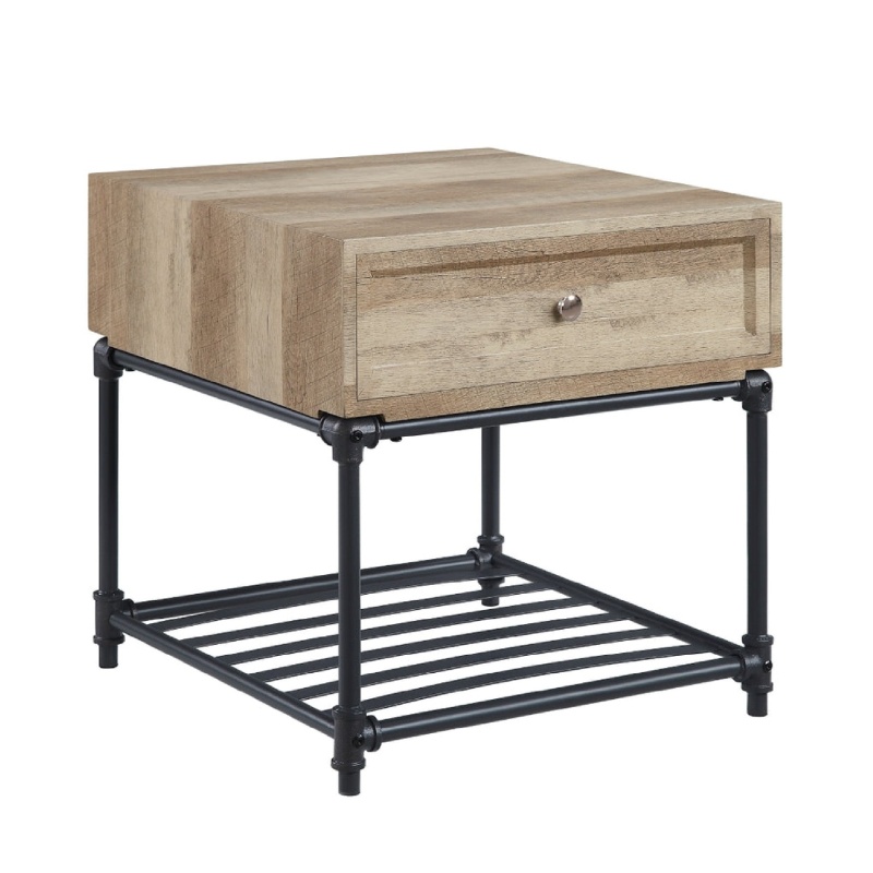 Ley 22 Inch End Table, 1 Drawer, Industrial Design, Slatted Shelf, Oak