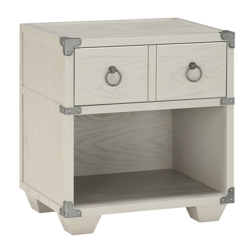 Two Drawer Wooden Nightstand With Metal Ring Pulls, Gray