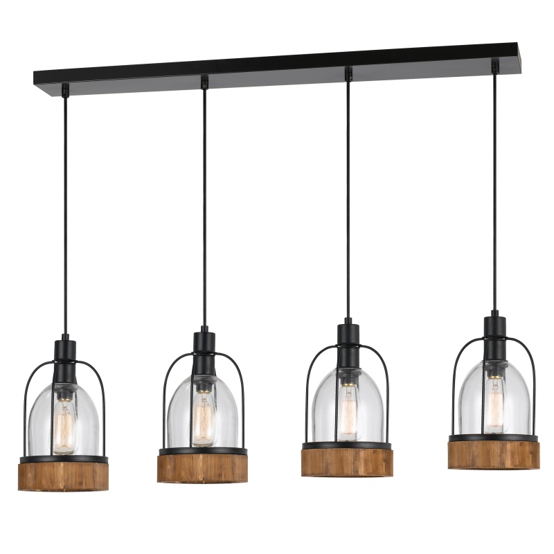 Metal Pendant Fixture With 4 Lantern Design Glass Shade, Black And Clear