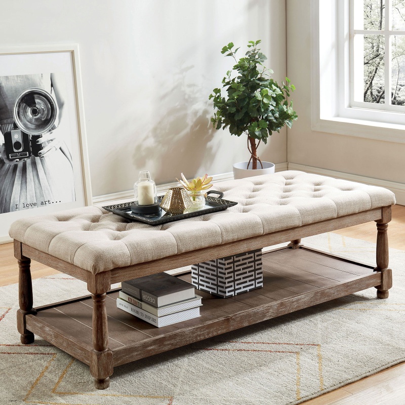 Button Tufted Fabric Upholstered Bench With Bottom Shelf, Beige And Brown