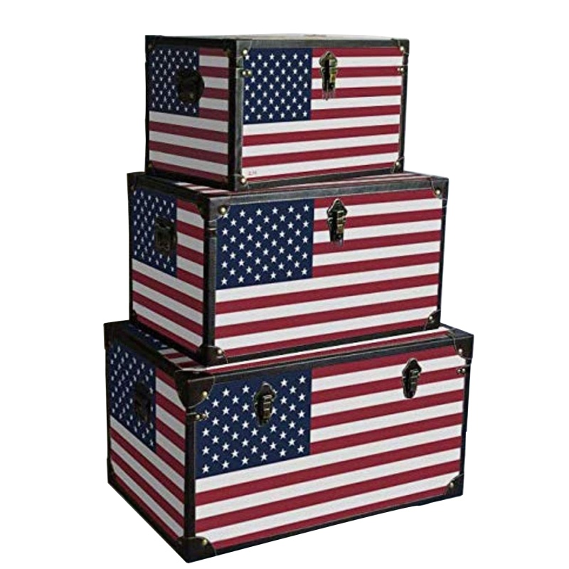 Wooden Trunks With Us Flag Print And Metal Corner Accent, Set Of 3, Multicolor