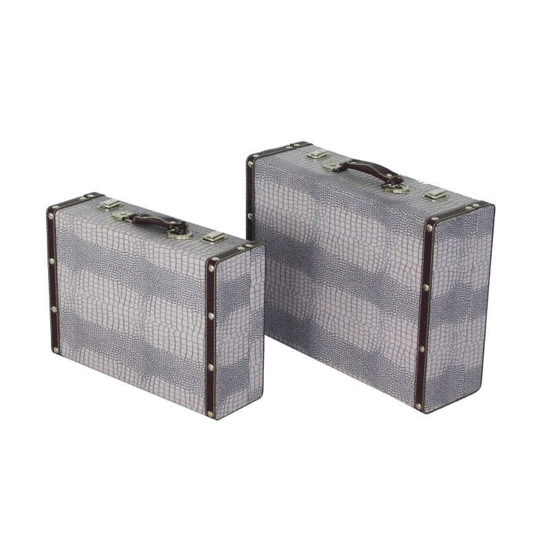 Gray Textured Print Canvas Trunk Style Suitcase Set of 2