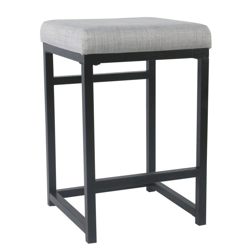 Open Back Metal Counter Stool With Fabric Upholstered Padded Seat, Gray And Black