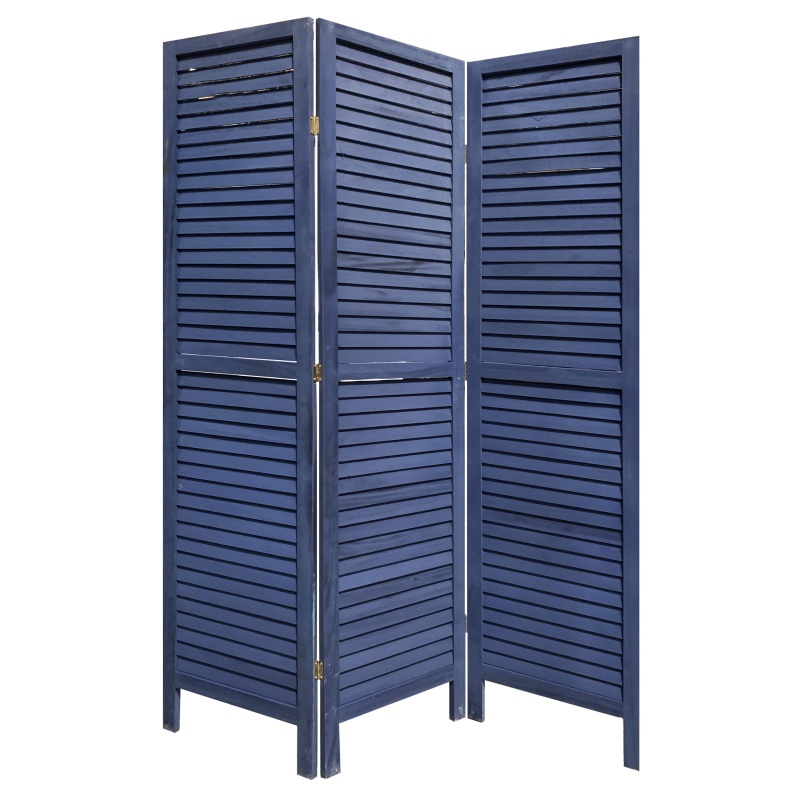Wooden 3 Panel Shutter Screen With Fitted Slats, Dark Blue