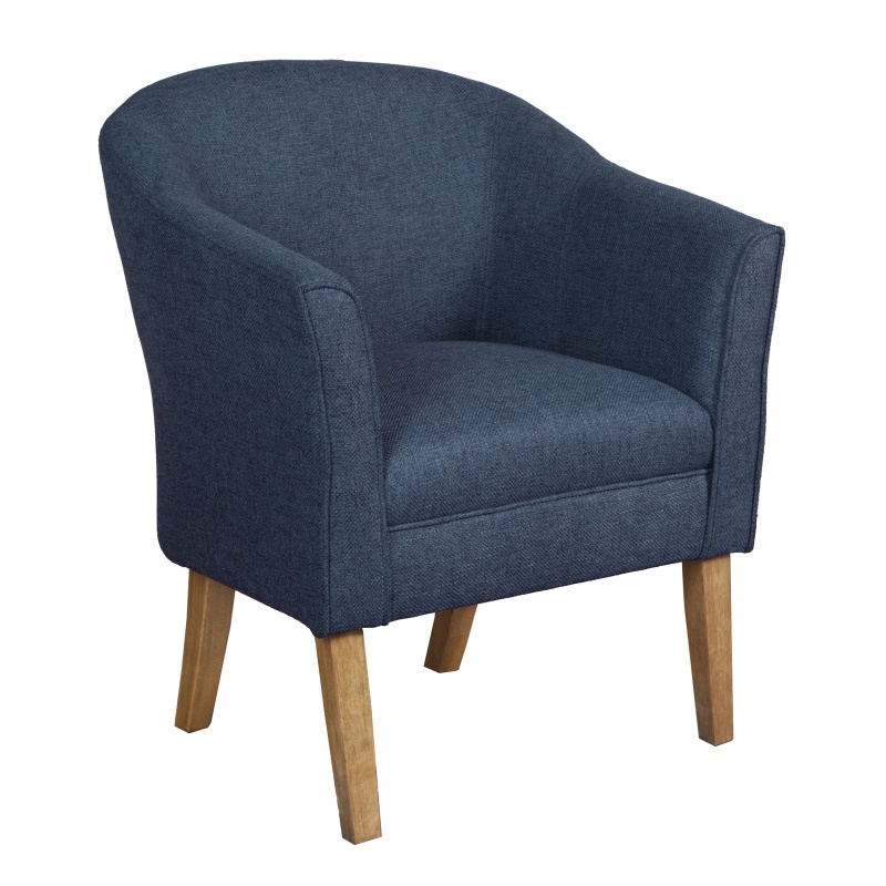 Fabric Upholstered Wooden Accent Chair With Curved Back, Blue And Brown