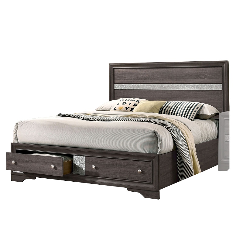 Queen Bed With Plank Headboard And 2 Drawers, Brown And Silver
