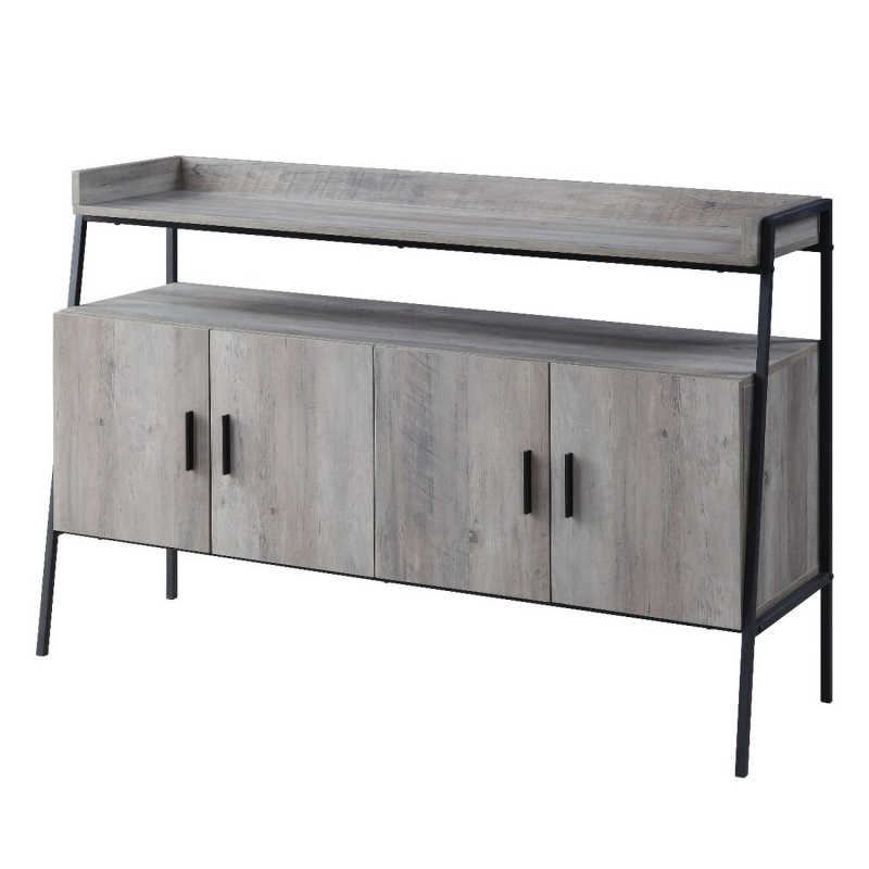 Oak Gray TV Stand with Two Double-Door Cabinets and Tubular Frame