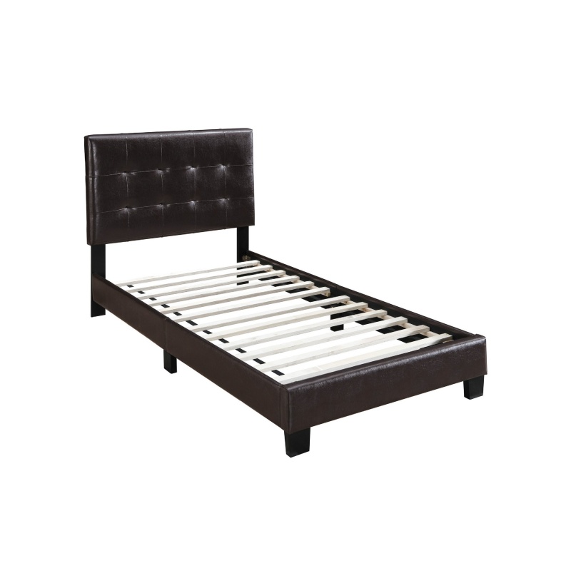 Full Leatherette Bed With Checkered Tufted Headboard, Dark Brown