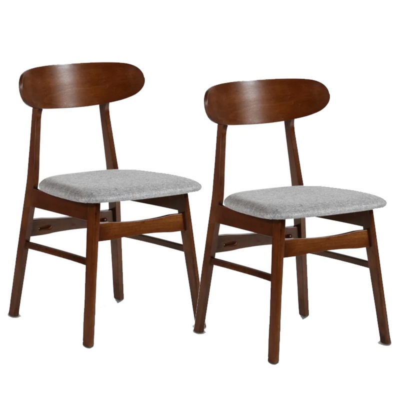 Bev 20 Inch Set Of 2 Dining Chairs, Gray Cushions, Dark Brown Rubberwood