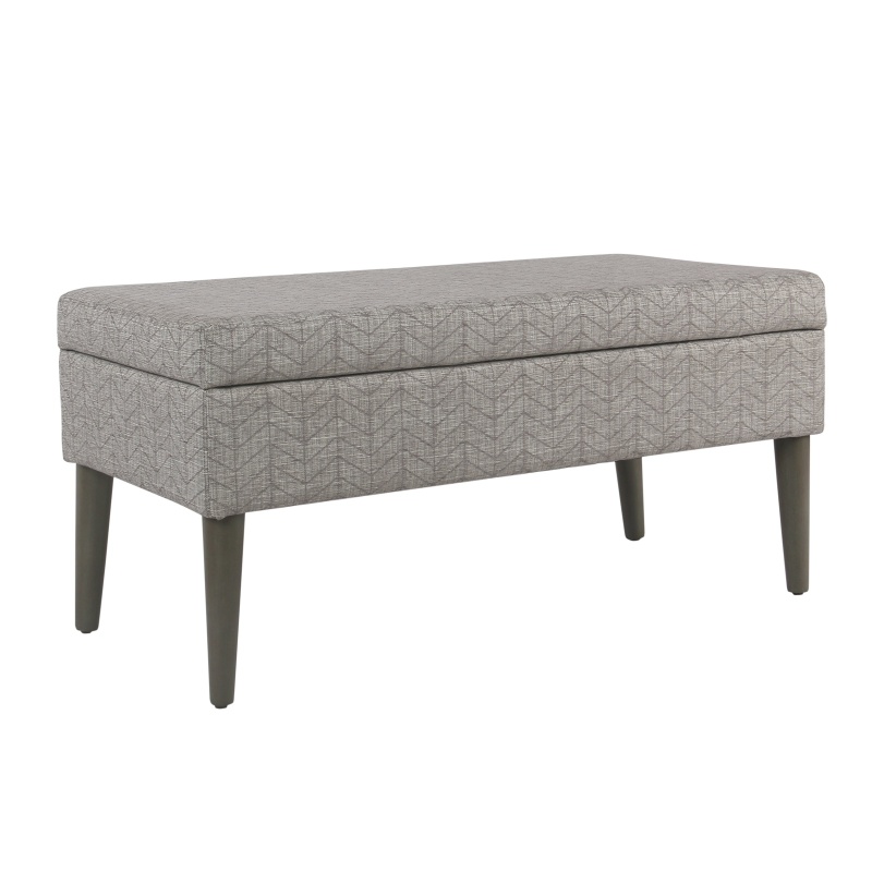 Chevron Patterned Fabric Upholstered Wooden Bench With Lift Top Storage, Gray