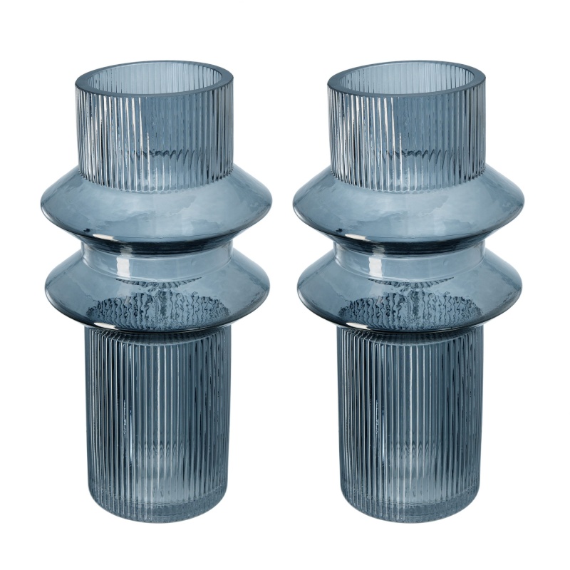 Rae Set Of 2 Glass Vases, Tall Round Cylinders, Smokey Blue, Clear Finish