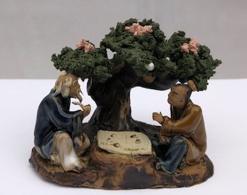 Ceramic Figurine Two Men Playing Board Game Under A Tree