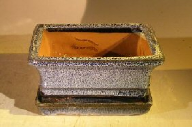 Marble Blue Ceramic Bonsai Pot - Rectangle Professional Series With Attached Humidity/Drip Tray 6.37" X 4.75" X 2.625"